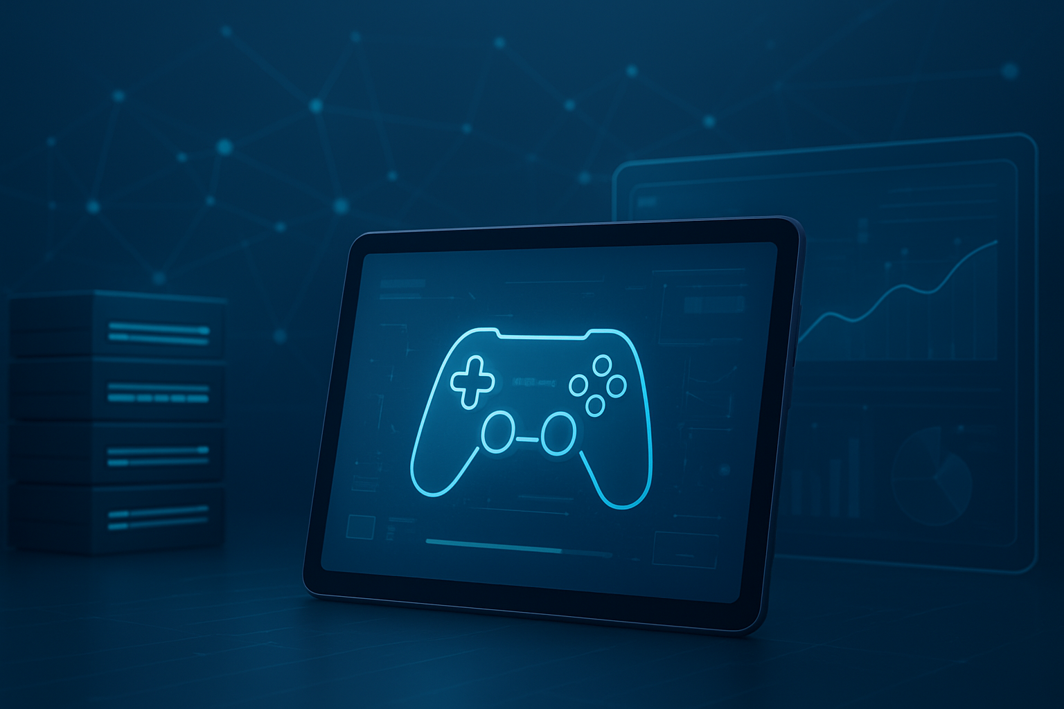 A digital tablet displaying a gaming controller outline with data graphs in the background.